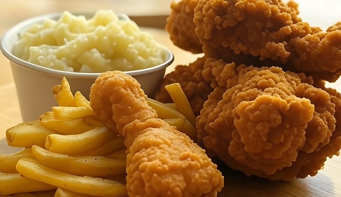 Golden fried chicken pieces with mashed potatoes and fries