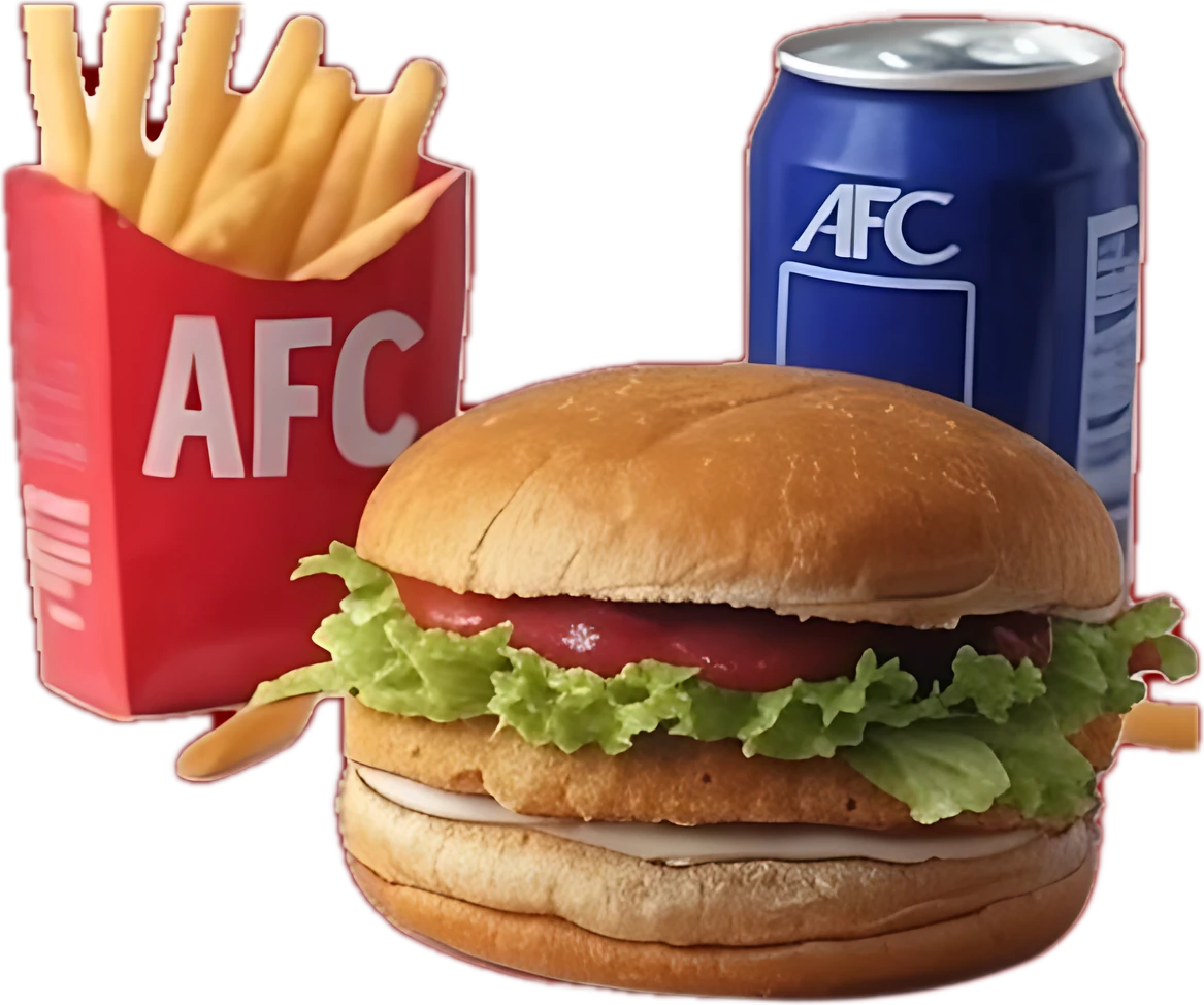 Burger combo with AFC fries and a canned soda