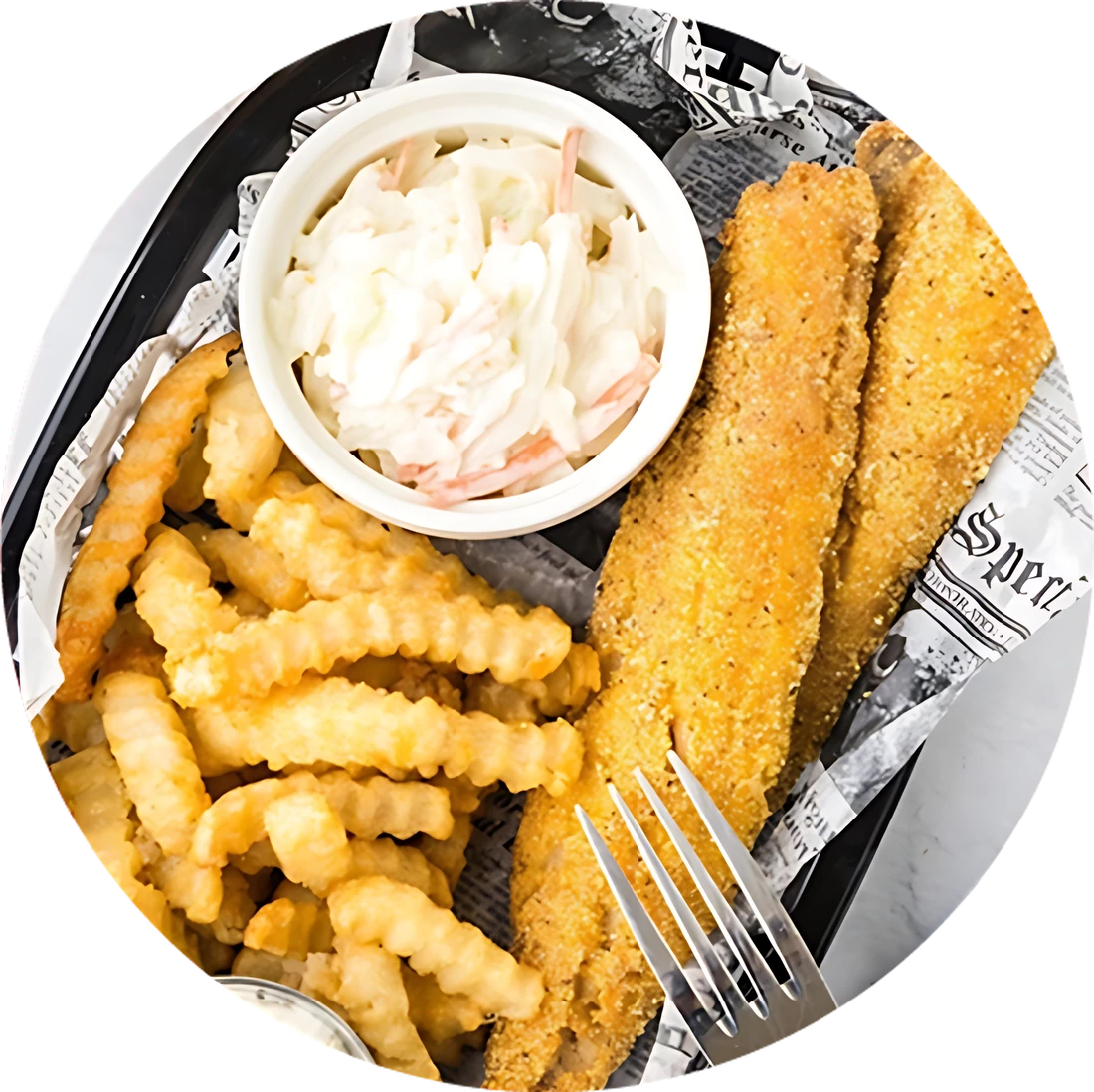 Fried fish with crinkle fries and coleslaw