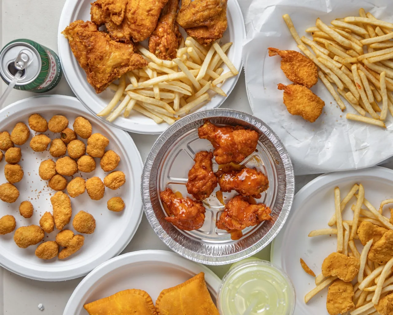 AFC party pack spread of wings, shrimp, nuggets and sides